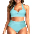 Tempt Me Women Two Piece Retro Vintage Swimsuit Ruched High Waist Tummy Control Bikini with Bottom, Mint Green, Small