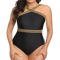 Tempt Me Women Crisscross One Piece Swimsuit Tummy Control Bathing Suit Front Crossover Swimwear, Black Gold, Large