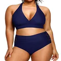 Yonique Womens Two Piece Plus Size Halter Bikini Swimsuits Tummy Control Bathing Suits High Waisted Swimwear, Navy Blue, 22 Plus
