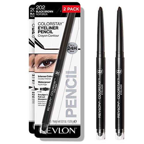 Revlon Pencil Eyeliner, ColorStay Eye Makeup with Built-in Sharpener, Waterproof, Smudge-proof, Longwearing with Ultra-Fine Tip, 202 Black Brown, 2 Pack