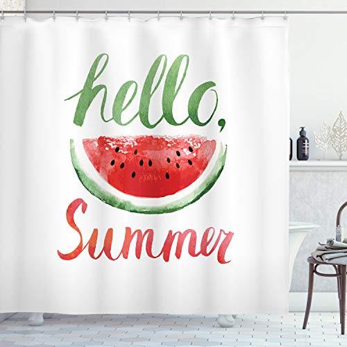 Ambesonne Summer Decor Collection, Watermelon Fruit Seeds Freshness Healthy Natural Food and Quote Hello Summer Pattern, Polyester Fabric Bathroom Shower Curtain Set with Hooks, Coral Green Black