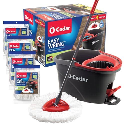 O-Cedar Easywring Microfiber Spin Mop & Bucket Floor Cleaning System with 4 Extra Refills,Red, Gray