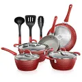 NutriChef Non-Stick Kitchenware Pots & Pans-11 Pcs. Stylish Kitchen Cookware Set w/Elegant Diamond Pattern, Gray Inside & Red Outside, Metal, Silicone Handle, PTFE/PFOA/PFOS Free, Red