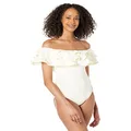 Kate Spade New York Palm Beach Ruffle Off-The-Shoulder One-Piece w/Removable Soft Cups, Ivory, XS