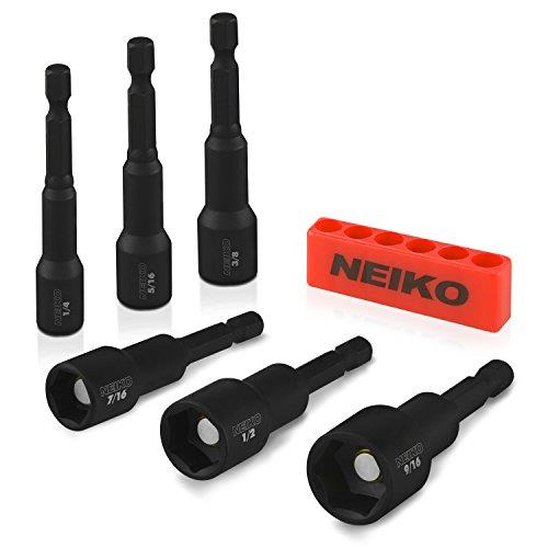 NEIKO 10190A Magnetic Nut Driver Set, 6 Piece Impact Nut Driver Set, SAE, 1/4” to 9/16”, 2-9/16” Long Nut Driver Bit Set for Impact Drill, Cr-V