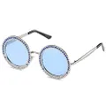 SOJOS Shining Oversized Round Rhinestone Sunglasses Festival Gem Sunnies SJ1095, C4 Silver Frame/Blue Lens With Blue Diamonds, Oversized