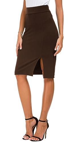 Urban Coco Women's Knee Length Stretch Pencil Skirt High Waisted Bodycon Midi Straight Skirt, Chocolate, Large