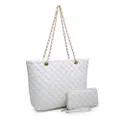XB Tote Purse and Handbags Set for Women Leather Quilted Shoulder Bag Wristlet Wallet Zipper 2pcs Purse Set, White, Medium