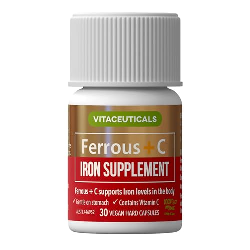 Vitaceuticals Ferrous +C - Iron Supplements with Vitamin C - 25mg Iron Gentle on Stomach - Small Capsules - Australian Made Iron and Vitamin C - Ferrograd C Alternative