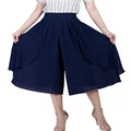 Tanming Women's High Elastic Waist Pleated Chiffon Wide Leg Capri Pants Culottes, Blue, X-Large