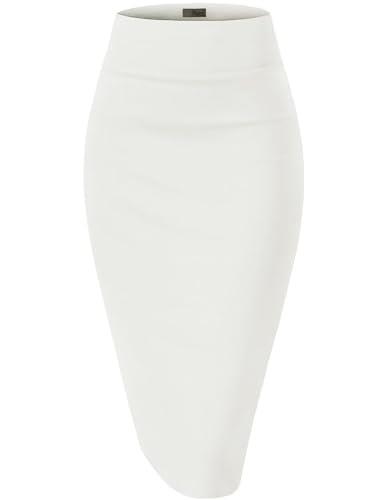 H&C Women Premium Nylon Ponte Stretch Office Pencil Skirt High Waist Made in The USA Below Knee, 1073t-ivory, Large