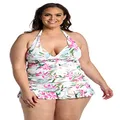 La Blanca Women's Standard V-Neck Halter Tankini Swimsuit Top, Multi//Mystic Palms, 16 Plus