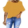 luvamia Women's Casual 3/4 Tiered Bell Sleeve Crewneck Loose Tops Blouses Shirt, A2 Yellow/White Polka Dot, Medium