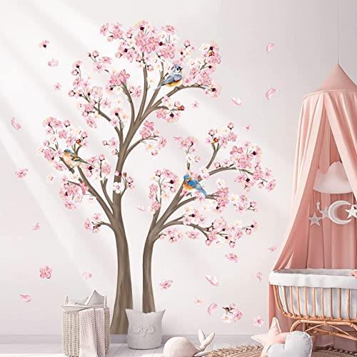 decalmile Large Cherry Blossom Tree Wall Decals Pink Flower Tree Branch Wall Stickers Living Room Bedroom Baby Nursery Wall Decor (Tree H: 67 Inch)