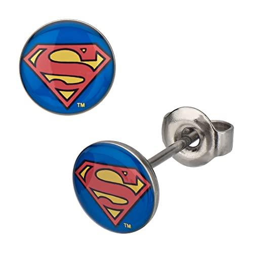 DC Comics Unisex Superman Logo Stainless Steel Stud Earrings. Color: Blue/Red/Yellow. One Size. Sold as Pair., One Size, Stainless Steel