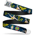 Buckle-Down Seatbelt Buckle Belt, Wonder Woman Face, Poses, Logos and Comic Scenes Blue/Yellow, X-Large, 32 to 52 Inches Length, 1.5 Inch Wide