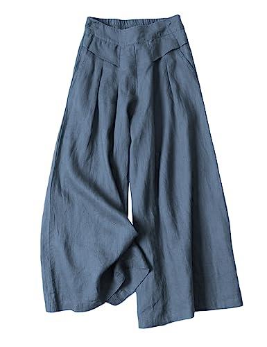 Hooever Women's Cotton Linen Culottes Pants Elastic Waist Wide Leg Palazzo Trousers Capri Pant, Blue, Large
