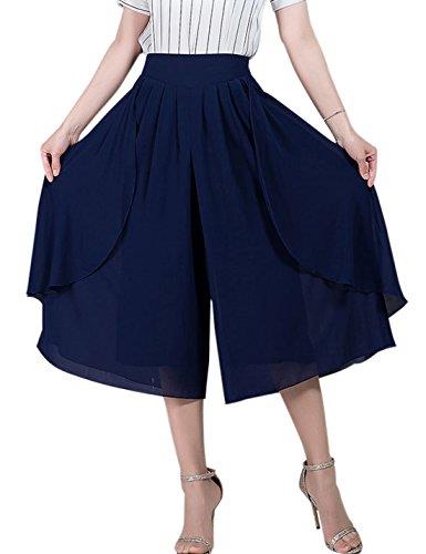 Tanming Women's High Elastic Waist Pleated Chiffon Wide Leg Capri Pants Culottes, Blue, Small