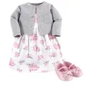 HUDSON BABY Baby Girls' Cotton Dress, Cardigan and Shoe Set, Pink Gray Floral, 9-12 Months
