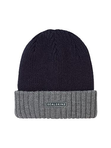 SEALSKINZ Bacton Waterproof Cold Weather Roll Cuff Beanie Hat, Navy/Grey, Small-Medium