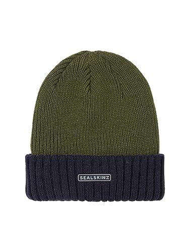 SEALSKINZ Bacton Waterproof Cold Weather Roll Cuff Beanie Hat, Olive/Navy, XXL