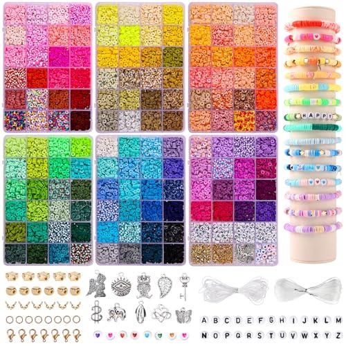 QUEFE 14000pcs, 136 Colors Clay Beads for Bracelet Making Kit Flat Round Polymer Spacer Heishi Beads Jewelry with Pendant Charms Letter and Elastic Strings
