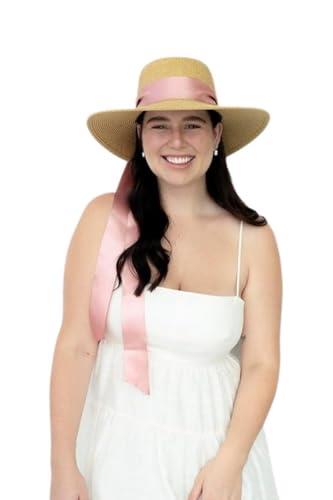 Sundaise Priya Wide Brim Hat with Pink Ribbon
