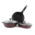 Neoflam MyPan Ceramic Nonstick Cookware Set, Chef's Wok, Grill Pan, Fish Pot, Stir Fry, Saute, Bake with Detachable Handle & Oven Safe Glass Lid for Daily Use, 6pc, Red Ruby