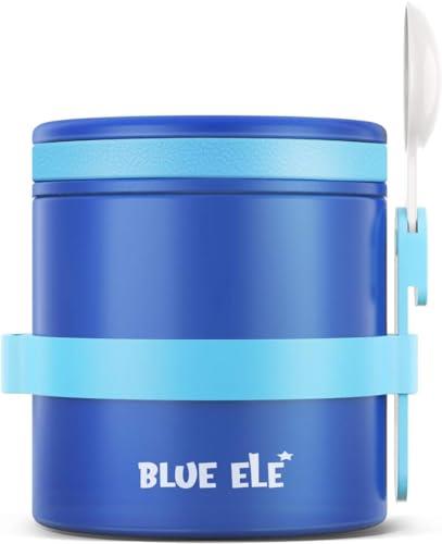 BLUE ELE Leakproof, Vacuum Insulated Thermos Hot Lunch Containers with Ceramic-Coated Stainless Steel, Easy Grip Lid, and Folding Spoon, 13.5oz, Deep Blue