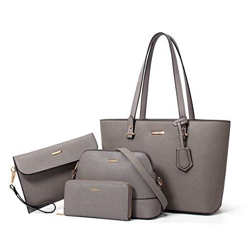 Women Fashion Synthetic Leather Handbags Tote Bag Shoulder Bag Top Handle Satchel Purse Set 4pcs, Grey