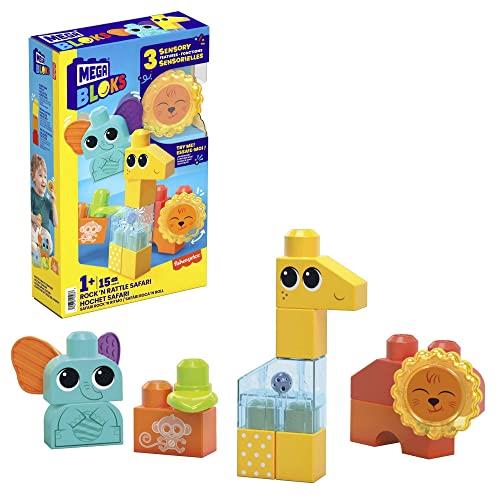 MEGA BLOKS Fisher-Price Sensory Building Toy, Rock n Rattle Safari with 15 Pieces, Rattle and Bells, Toddler Blocks, Age 1+ Years