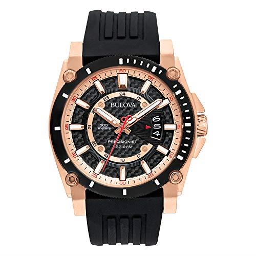 Bulova Men's Icon 3-Hand Calendar Watch with Black Polyurethane Strap, Precisionist, Luminous Markers, 300M WR, Black Ion-Plated/Rose Gold, CASE 46MM, Precisionist Quartz Two-Tone Stainless Steel