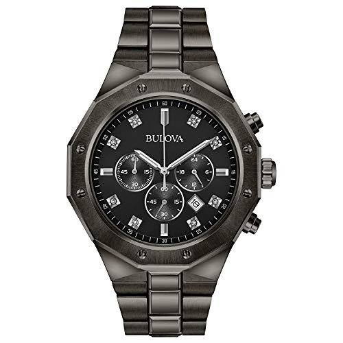 Bulova Men's Classic Diamond 6-Hand Chronograph Quartz Watch, Calendar Date, Luminous Markers, 100M Water Resistant, 44mm, Black Ion-Plated, Classic Chronograph Gray Stainless Steel Bracelet Diamond
