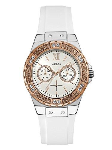 GUESS Women's Stainless Steel + Stain Resistant Silicone Watch with Day + Date Functions (Model: U1053L), White/Silver Tone/White, NS, LIMELIGHT