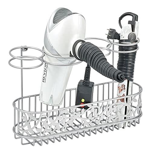 mDesign Steel Wall Mount Hair Dryer Holder, Styling Tool Storage Organizer Basket for Bathroom - Holds Hair Dryer, Flat Iron, Curling Wand, Hair Straighteners, Brushes - Arbor Collection - Chrome
