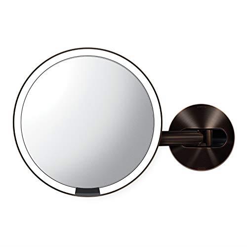 simplehuman 8" Round Wall Mount Sensor Makeup Mirror, 5X Magnification, Rechargeable and Cordless, Dark Bronze Stainless Steel