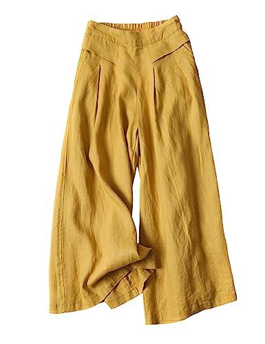 Hooever Women's Cotton Linen Culottes Pants Elastic Waist Wide Leg Palazzo Trousers Capri Pant, Yellow, Large