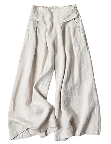 Hooever Women's Cotton Linen Culottes Pants Elastic Waist Wide Leg Palazzo Trousers Capri Pant, Beige, Medium