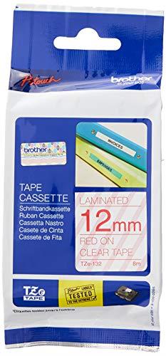 Brother Genuine TZe-132 Laminated Tape, 12mm x 8m, Red On Clear