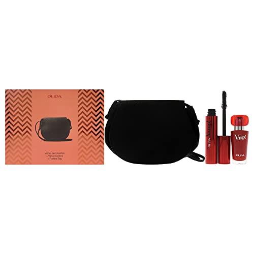 Pupa Milano Vamp! Sexy Lashes and Vamp Lipstick Kit for Women 3 Pc 0.40oz Vamp! Sexy Lashes Mascara - 011 Black, 0.123oz Lipstick - 301 Intense Red, Postina Bag