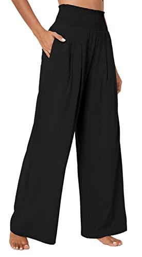 Urban CoCo Women's Elastic High Waist Light Weight Loose Casual Wide Leg Trousers Long Pants with Pocket, Black, Medium