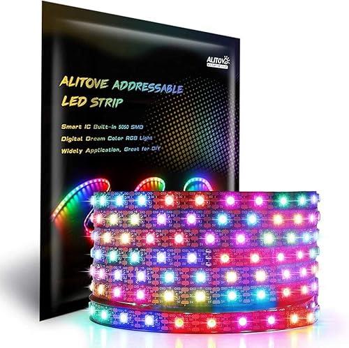 ALITOVE 16.4FT 300 Pixels WS2812B Programmable Addressable LED Strip Light Black PCB 5050 RGB Dream Color Flex LED Rope Light DC5V Not Waterproof