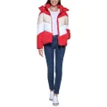 Tommy Hilfiger Women's Multi Color Chevron Striped Hooded Short Puffer Jacket, Crimson/Pink, X-Small