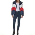 Tommy Hilfiger Women's Multi Color Chevron Striped Hooded Short Puffer Jacket, Red/Wht/Nvy, Medium