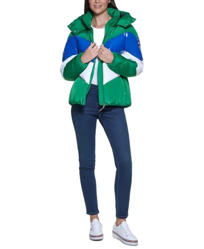 Tommy Hilfiger Women's Multi Color Chevron Striped Hooded Short Puffer Jacket, Pine Combo, X-Small