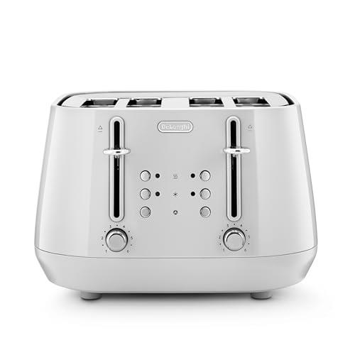 De'Longhi Eclettica Toaster CTY4003.W, 4 Slot Toaster with Reheat and Defrost Functions, Separated Control Panels, Progressive Browning Levels, Pull Crumbs Trays, Stainless Steel, 1800W, Glossy White