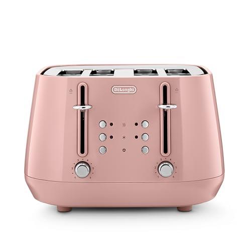 De'Longhi Eclettica Toaster CTY4003.PK, 4 Slot Toaster with Reheat and Defrost Functions, Separated Control Panels, Progressive Browning Levels, Pull Crumbs Trays, Stainless Steel, 1800W, Glossy Pink
