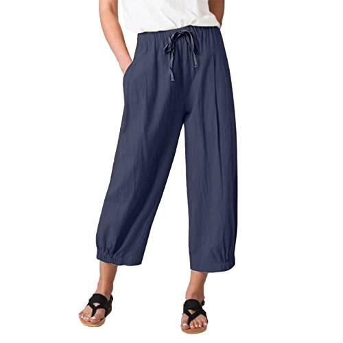 TBA Women's Casual Pants Summer Wide Leg Capris Drawstring Elastic High Waist Cotton Cropped Trousers with Pockets, Blue, Large