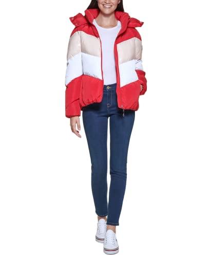 Tommy Hilfiger Women's Multi Color Chevron Striped Hooded Short Puffer Jacket, Crimson/Pink, Large
