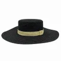 Jacaru Australia 1879 Ladies Flat Wide Brim Hat, Black with Natural Trim, One Size